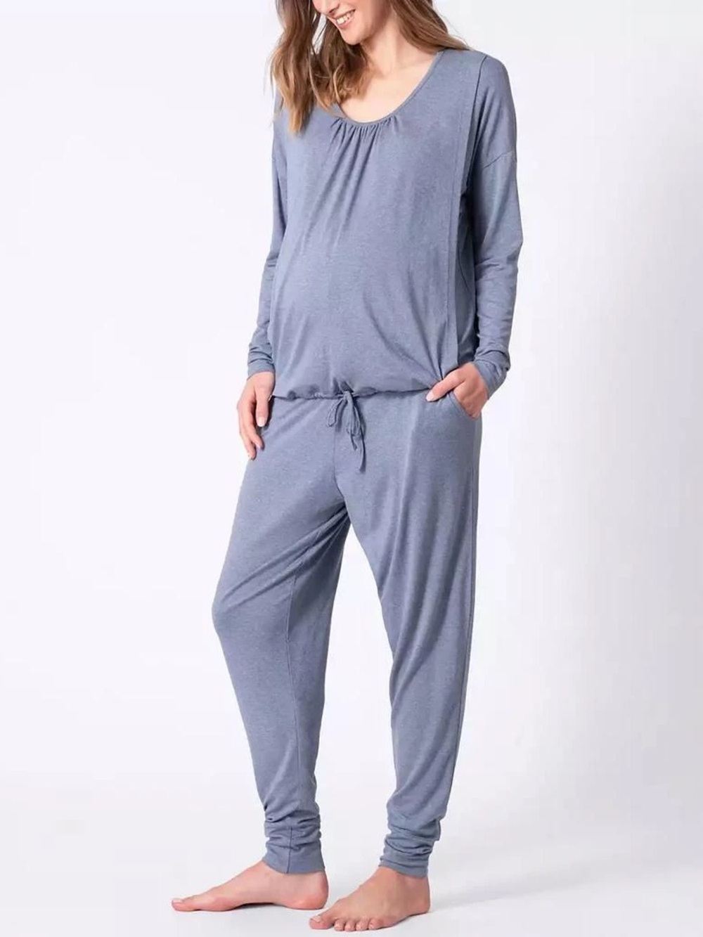 Seraphine Blue Long-Sleeve Maternity & Nursing Lounge Jumpsuit